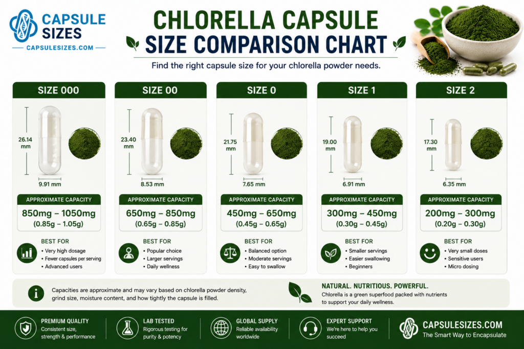 Capsule size comparison chart for chlorella powder