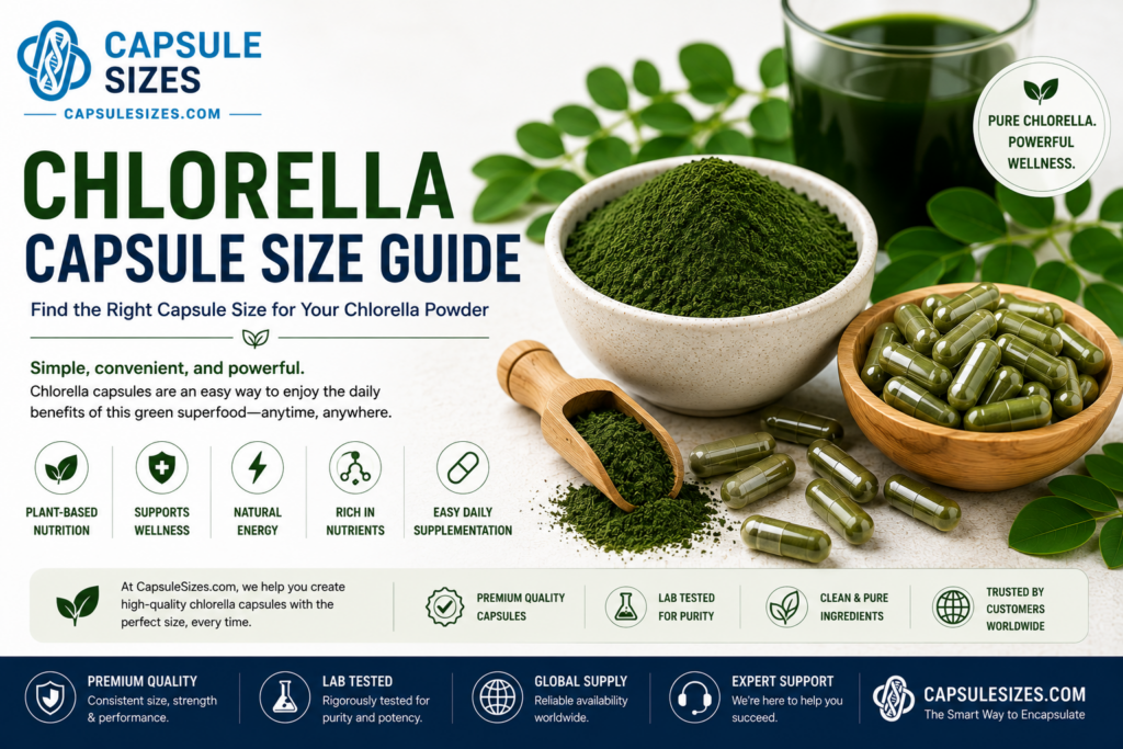 Chlorella capsule size guide with chlorella powder and capsules