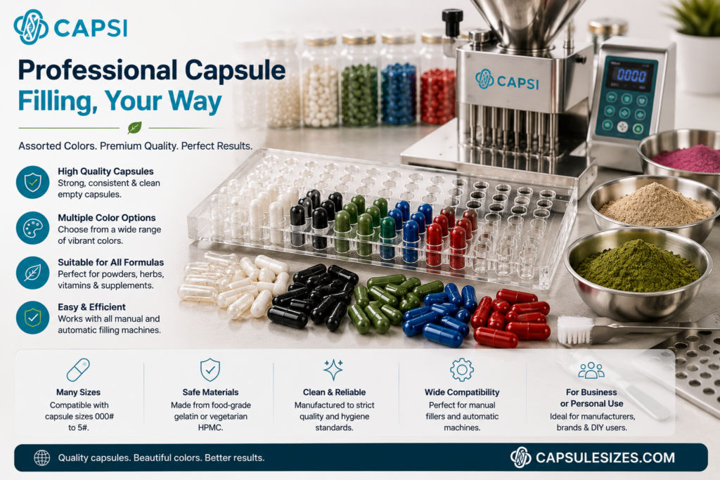 Capsule filling setup with assorted colored empty capsules