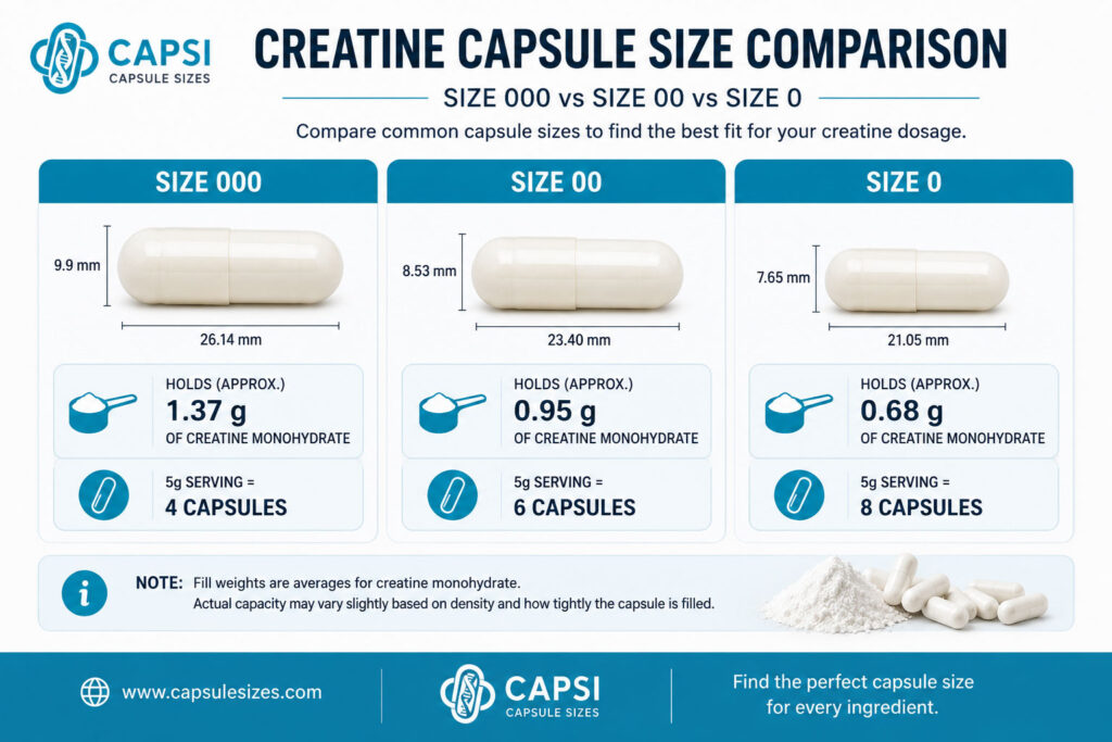 Creatine capsule size comparison chart for size 0, 00 and 000 capsules