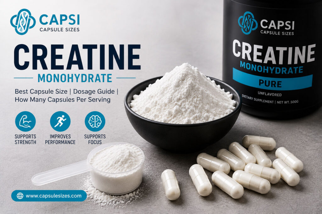 Creatine monohydrate powder with size 00 empty capsules by Capsi Capsule Sizes
