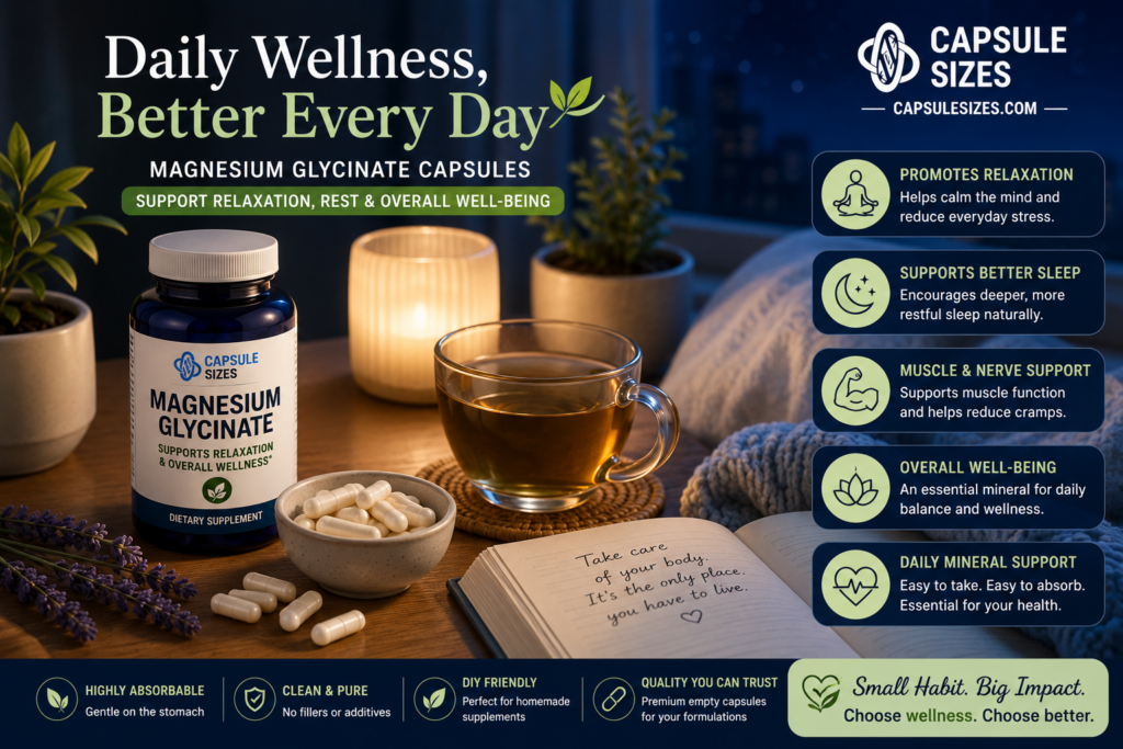 Daily wellness lifestyle using magnesium glycinate capsules