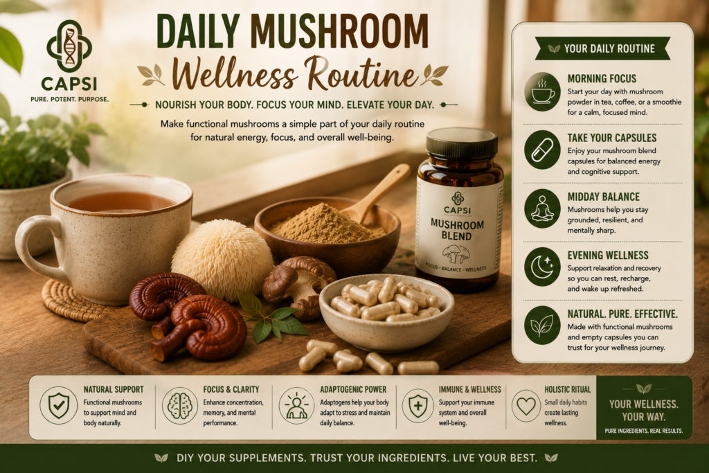 Daily wellness lifestyle using mushroom blend capsules