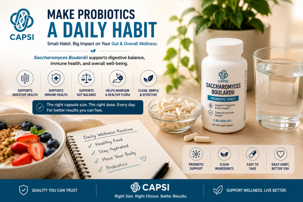 Daily probiotic supplement routine with capsules
