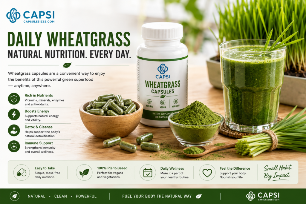 Daily wheatgrass supplement capsules and wellness lifestyle