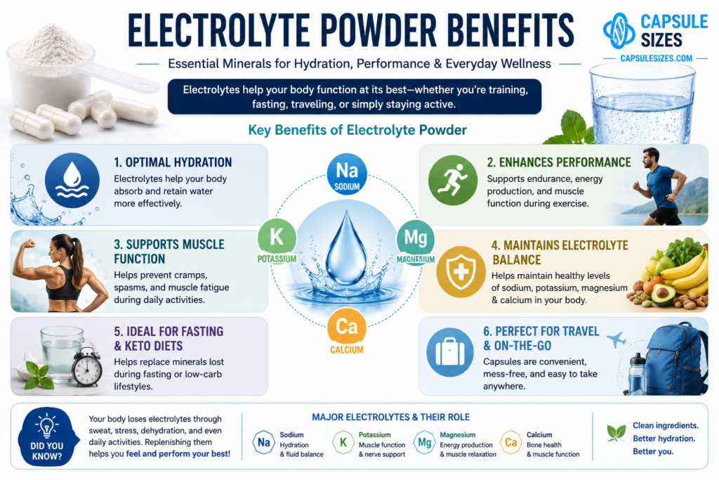 Electrolyte powder supplement infographic with hydration benefits