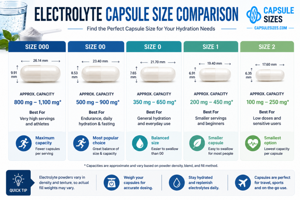 Capsule size comparison chart for electrolyte powder