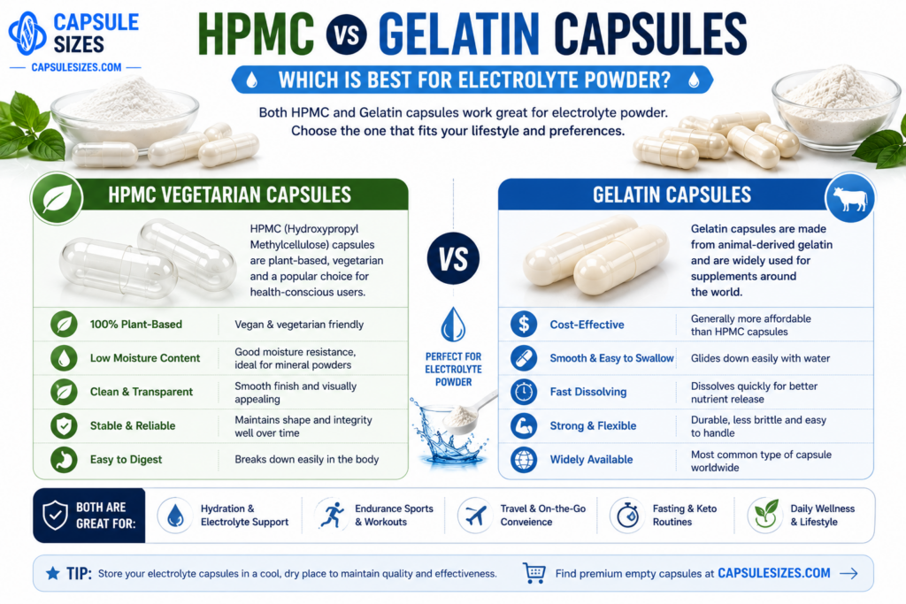 HPMC versus gelatin capsules for electrolyte powder