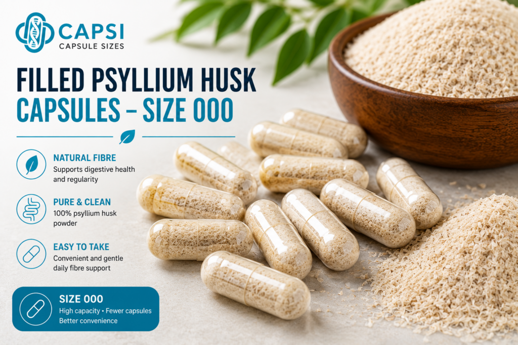 Large size 000 capsules filled with psyllium husk powder beside loose powder.