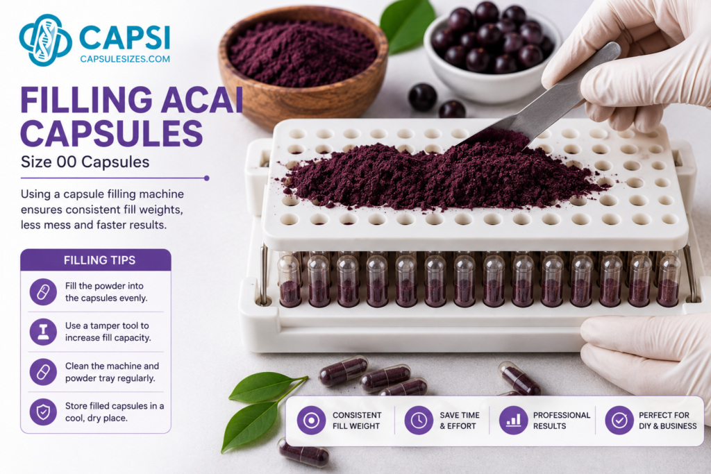 Filling acai powder into empty capsules
