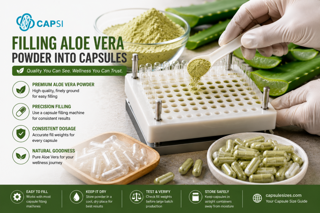 Filling aloe vera powder into empty capsules
