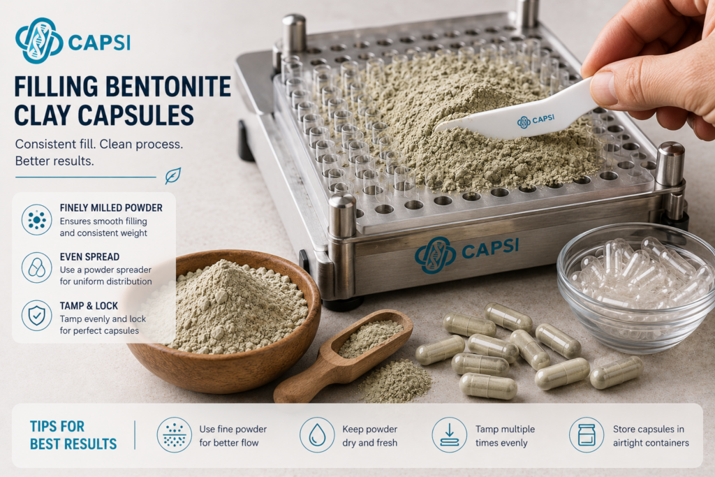 Filling bentonite clay powder into empty capsules
