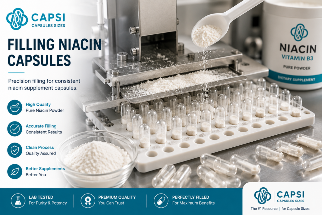 Filling niacin powder into empty capsules using capsule machine