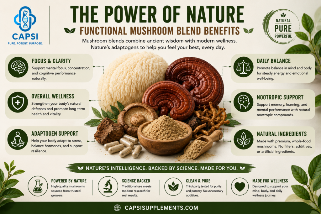 Functional mushroom blend supplement infographic with wellness benefits