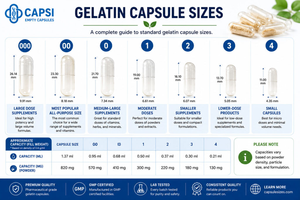 Comparison of available gelatin capsule sizes from 000 to 4