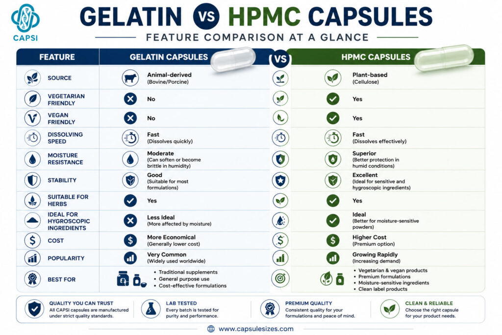 Image 3 ALT:
Moisture and stability comparison infographic for gelatin capsules and HPMC capsules in different humidity conditions