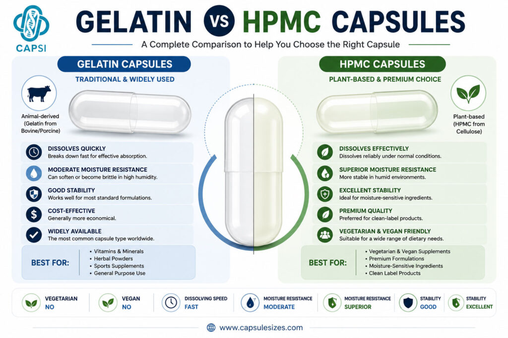 Image 2 ALT:
Gelatin vs HPMC capsule composition infographic showing animal-derived gelatin capsules and plant-based HPMC capsule ingredients