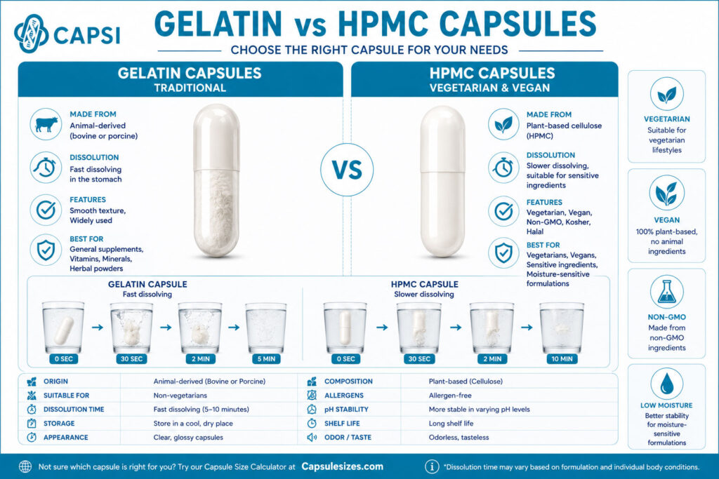 Comparison of gelatin and HPMC vegetarian capsules