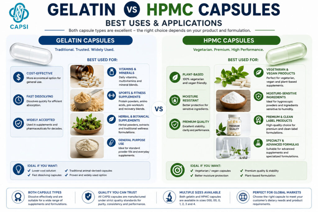Image 5 ALT:
Feature comparison chart infographic showing differences between gelatin capsules and HPMC capsules including vegan suitability, stability and cost