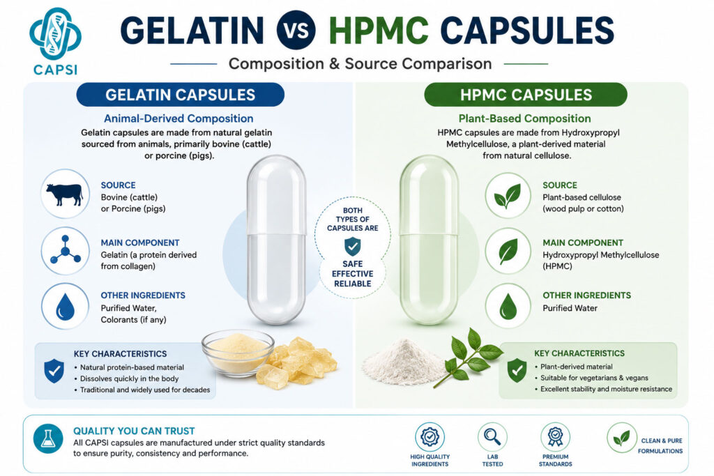 Image 1 ALT:
Comparison infographic showing differences between gelatin capsules and HPMC vegetarian capsules including dissolving speed, stability and moisture resistance