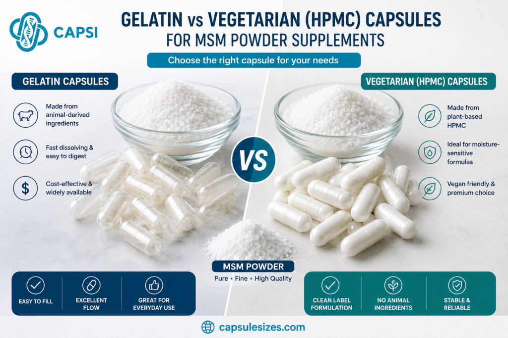 Gelatin and vegetarian capsules for MSM powder supplements