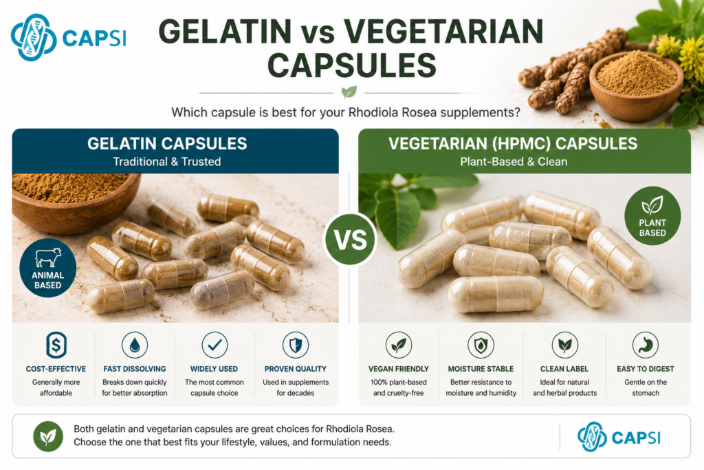 Gelatin vs vegetarian capsules for Rhodiola Rosea supplements