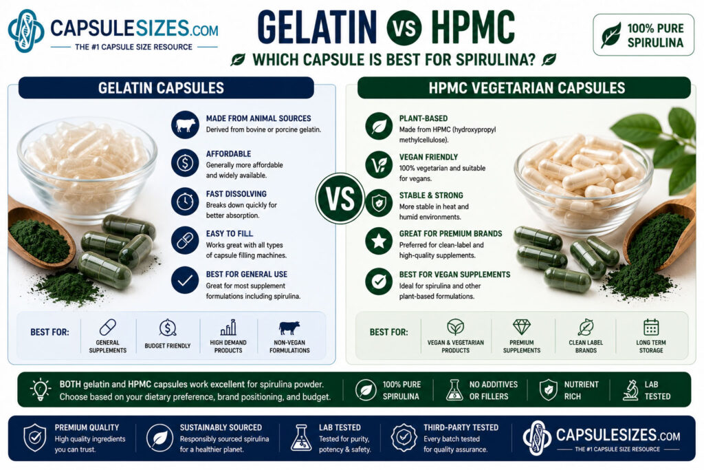 Gelatin vs vegetarian capsules for spirulina