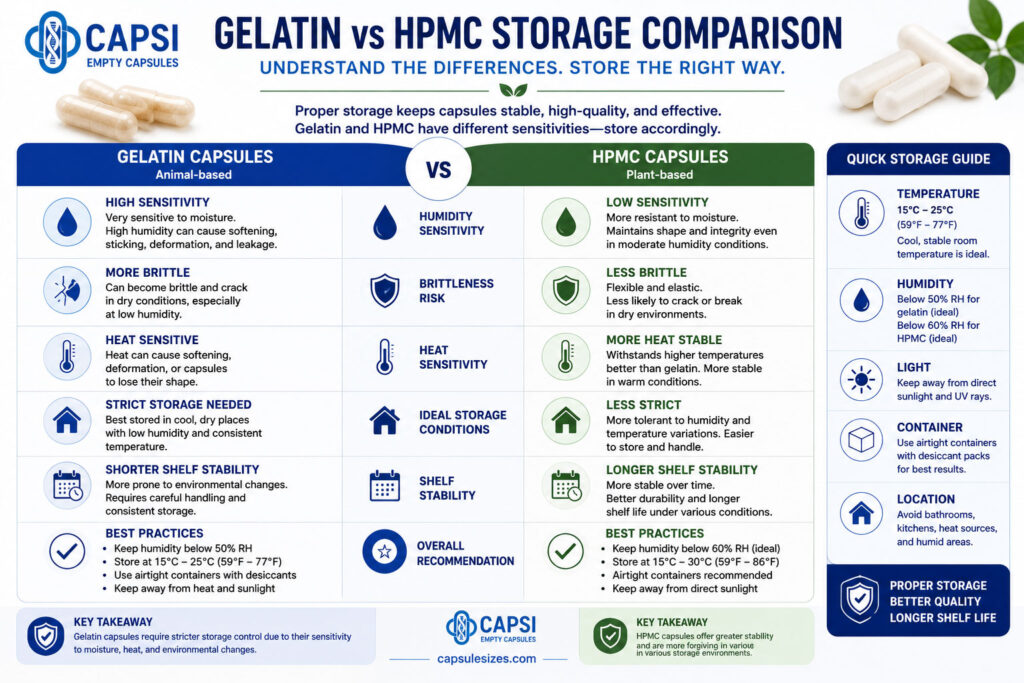 Comparison of gelatin and HPMC capsule storage stability and moisture sensitivity