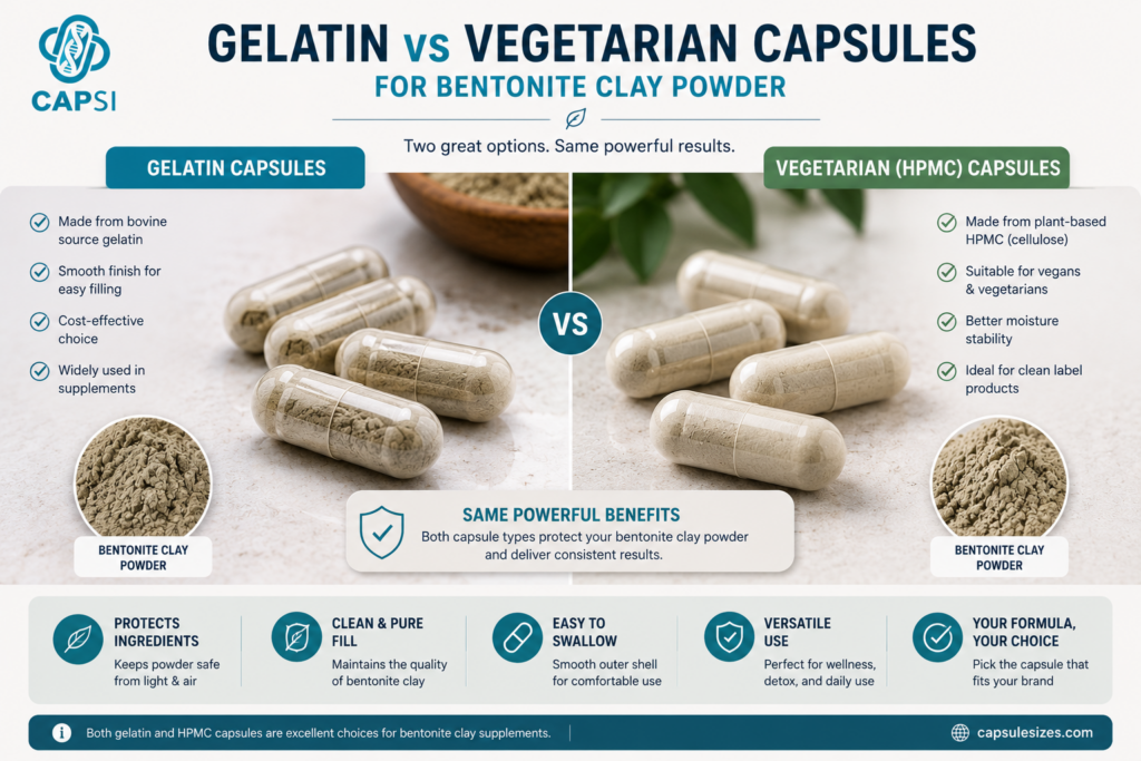Gelatin and vegetarian capsules for bentonite clay powder
