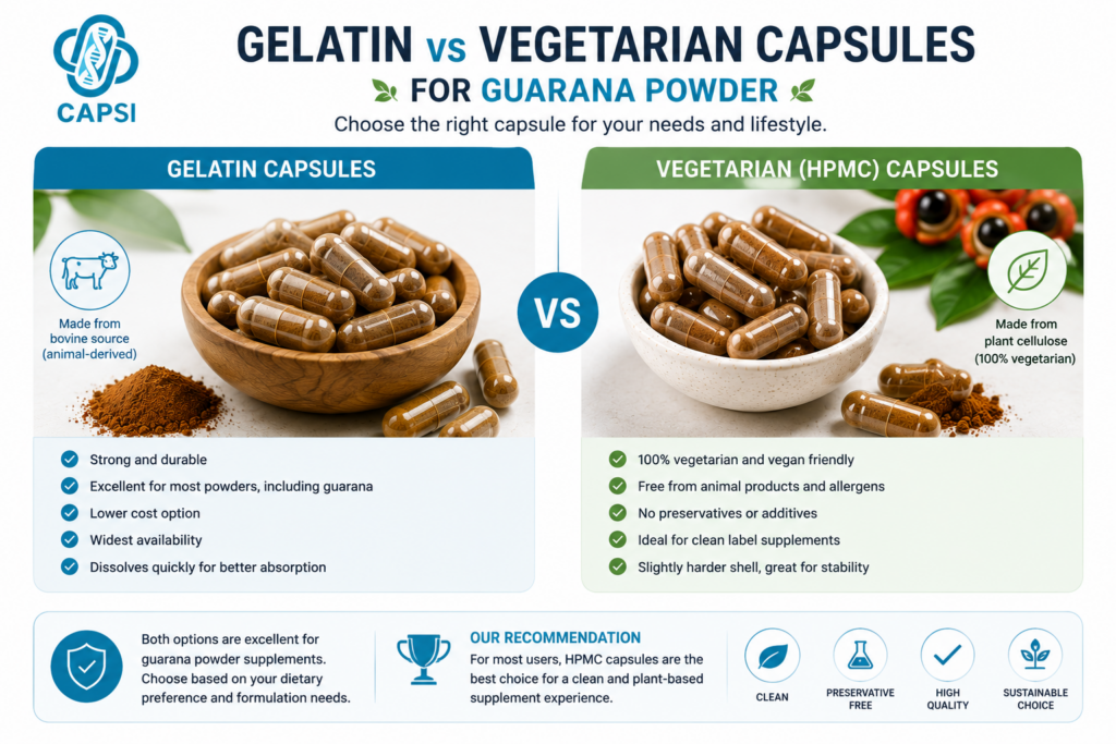 Gelatin and vegetarian capsules for guarana powder