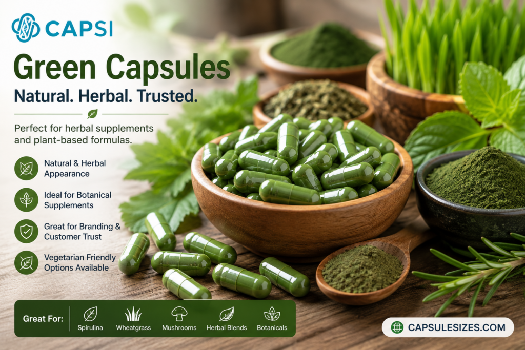 Green herbal supplement capsules with natural powders