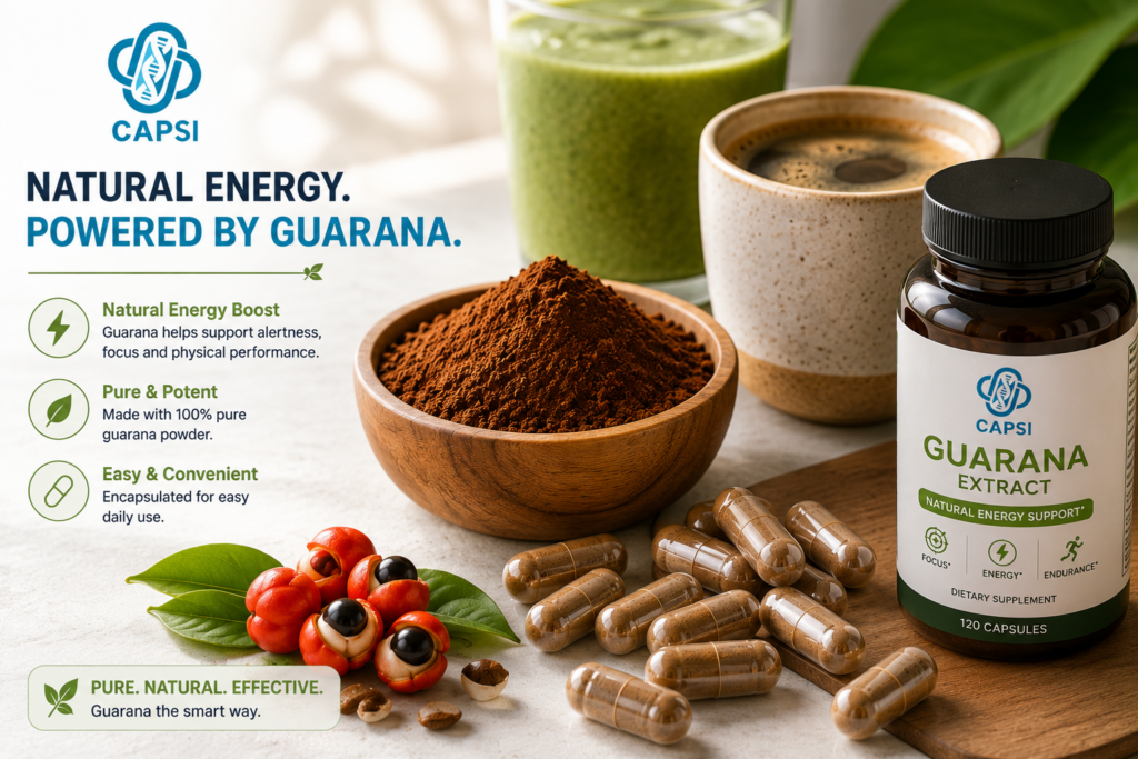 Natural guarana energy supplement capsules and powder