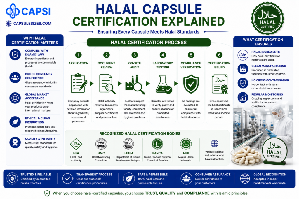 Halal capsule certification and manufacturing standards infographic