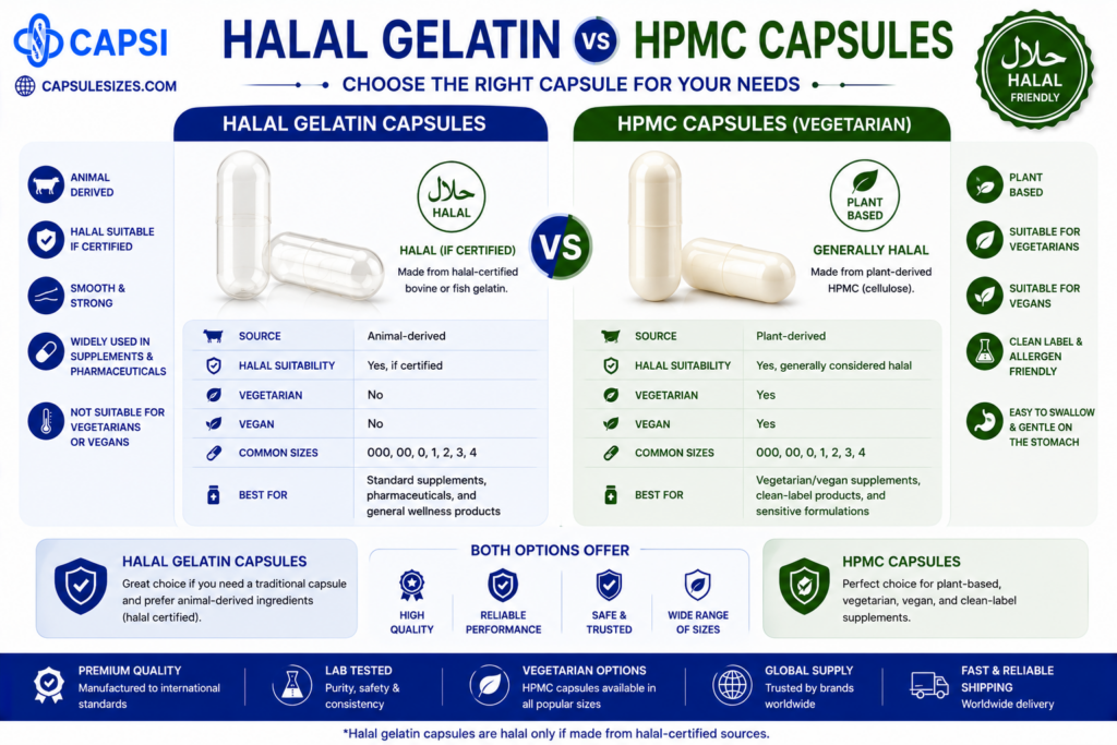 Comparison between halal gelatin and HPMC vegetarian capsules