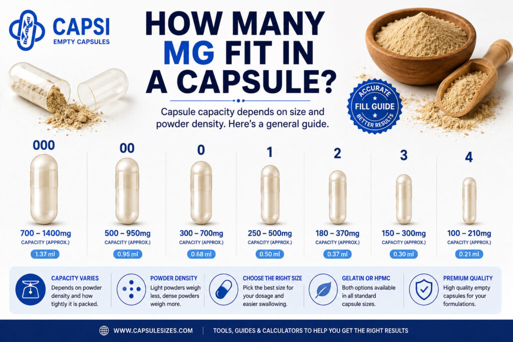 How many milligrams fit in different empty capsule sizes