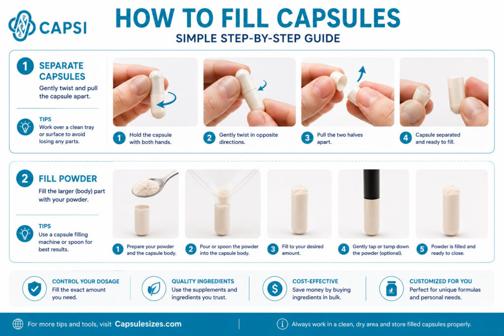 Step-by-step guide showing how to fill empty capsules by separating capsule halves and filling with powder