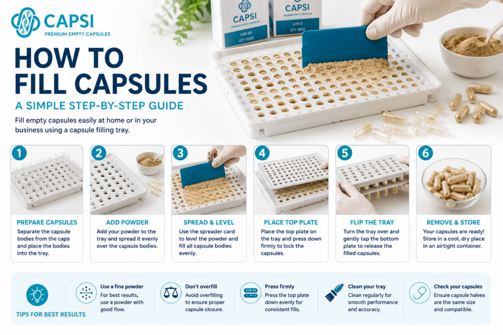 How to fill empty capsules using a capsule filling tray