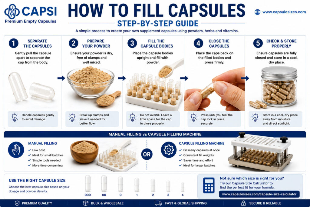 Image 1 ALT:
How to fill capsules step by step guide showing separating capsules, preparing powder, filling capsules and closing capsule shells