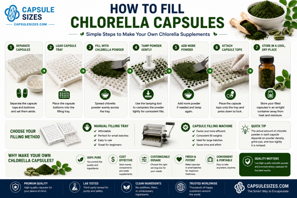 Filling chlorella powder capsules using a capsule machine