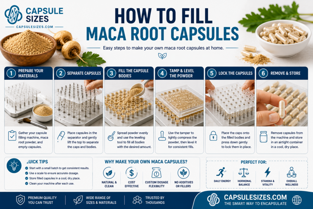 Filling maca root powder capsules using a capsule machine