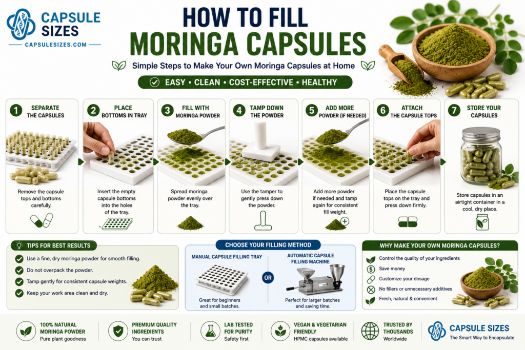 Filling moringa powder capsules using a capsule machine