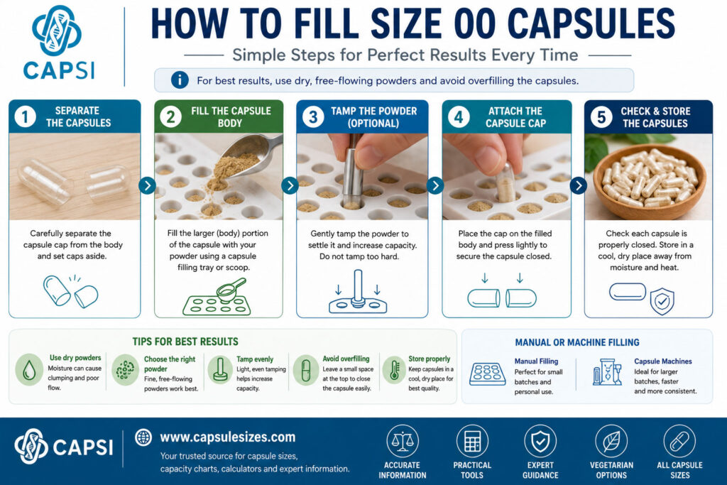 How to fill size 00 capsules step by step infographic showing capsule separation, powder filling and capsule closing