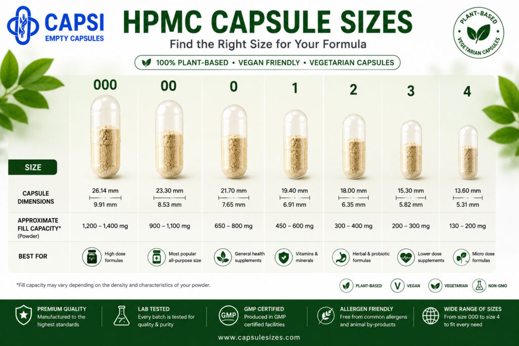 Comparison of available HPMC capsule sizes from 000 to 4