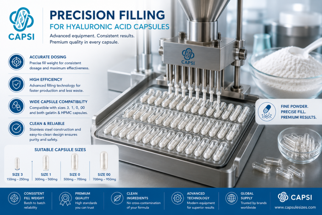 Capsule filling machine for hyaluronic acid supplements
