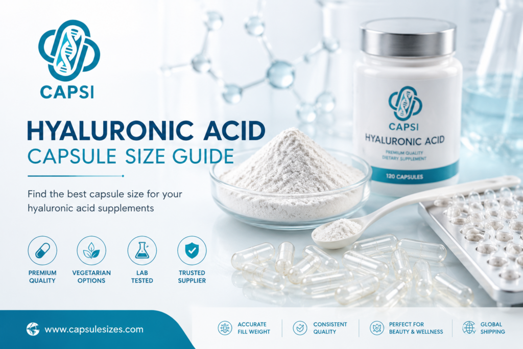 Hyaluronic acid capsule size guide with empty capsules and powder