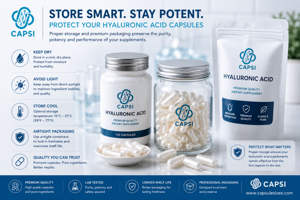 Stored hyaluronic acid capsules in supplement packaging