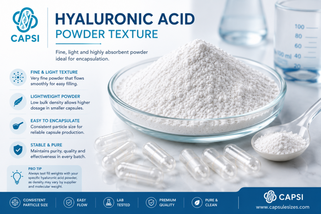 Fine hyaluronic acid powder used for capsule filling