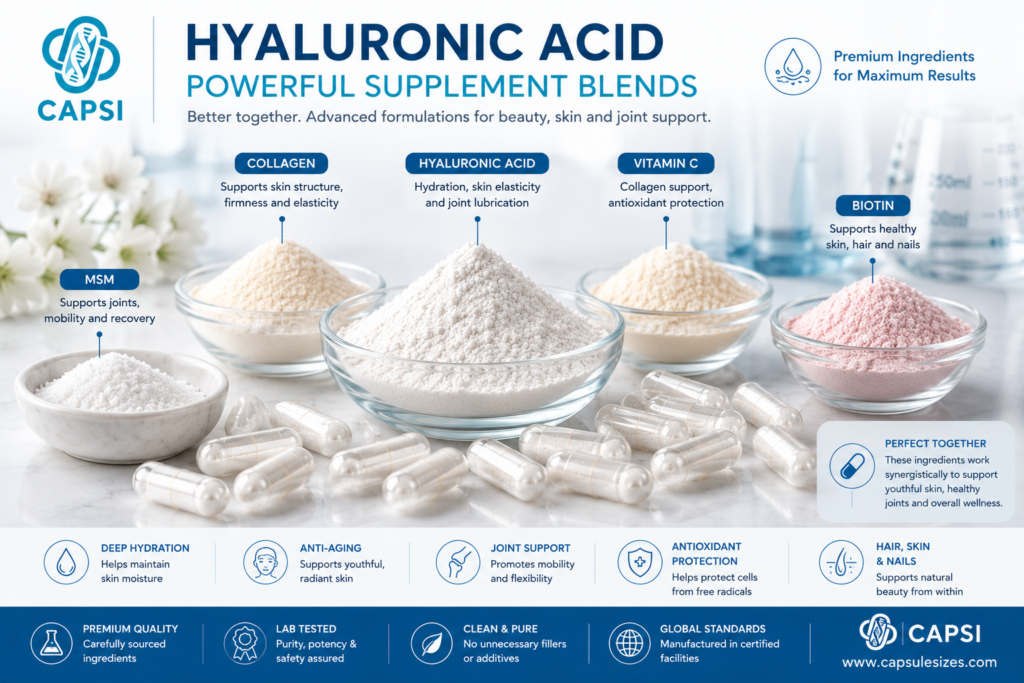 Hyaluronic acid supplement blend with collagen and vitamins