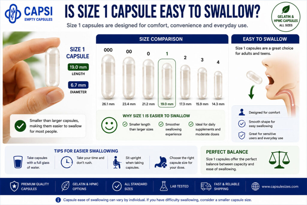 Guide showing the ease of swallowing size 1 capsules