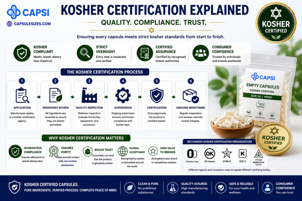 Kosher capsule certification and manufacturing standards infographic